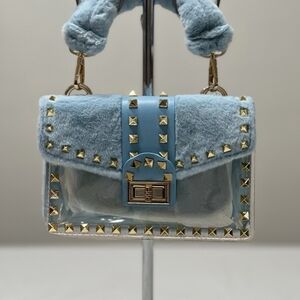 Studded Blue Faux Fur Handbag